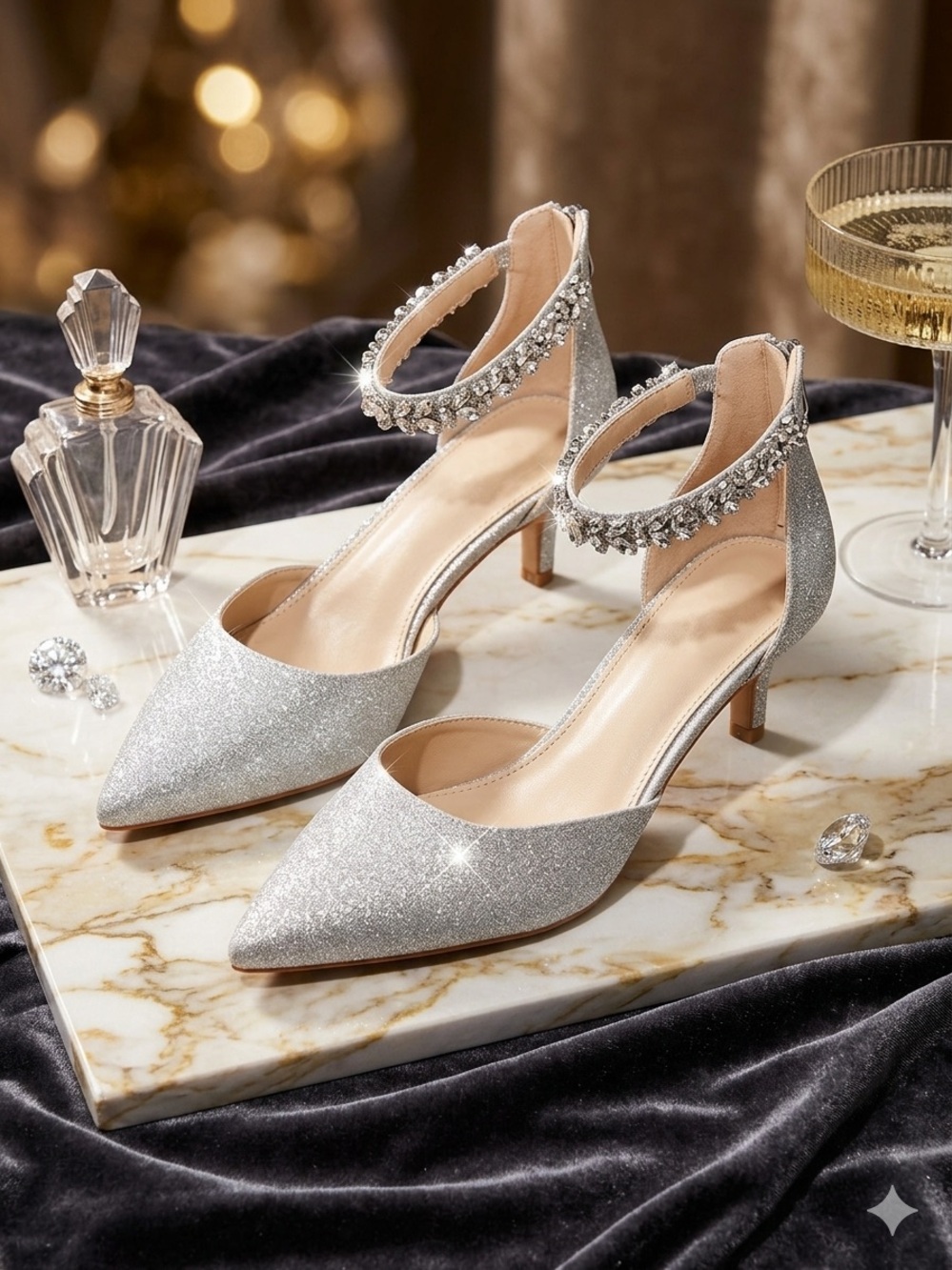 Women's Glitter Pointed-Toe Ankle-Strap Kitten Heels
